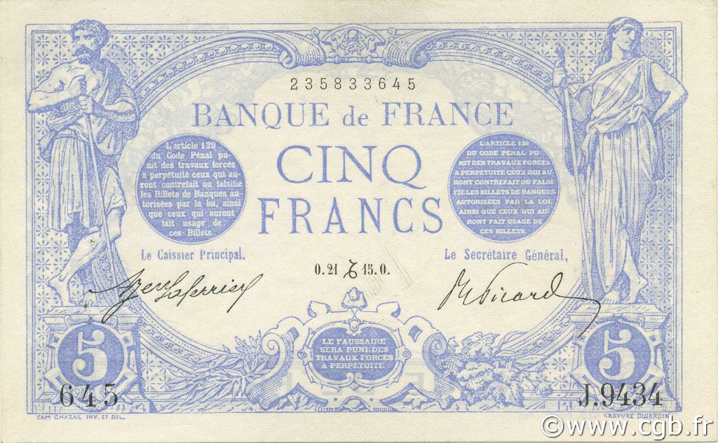 5 Francs BLEU FRANKREICH  1915 F.02.34 VZ+