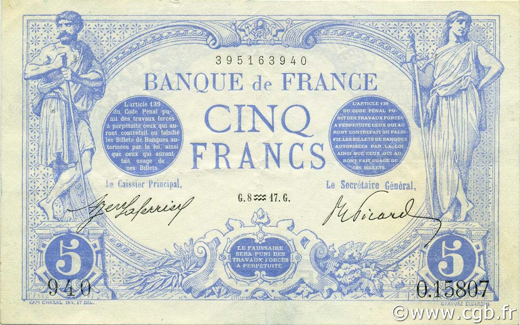 5 Francs BLEU FRANKREICH  1917 F.02.47 VZ