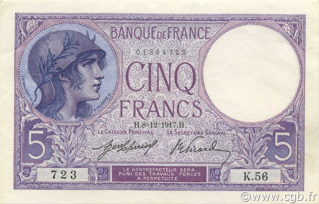 5 Francs FEMME CASQUÉE FRANCIA  1917 F.03.01 q.AU