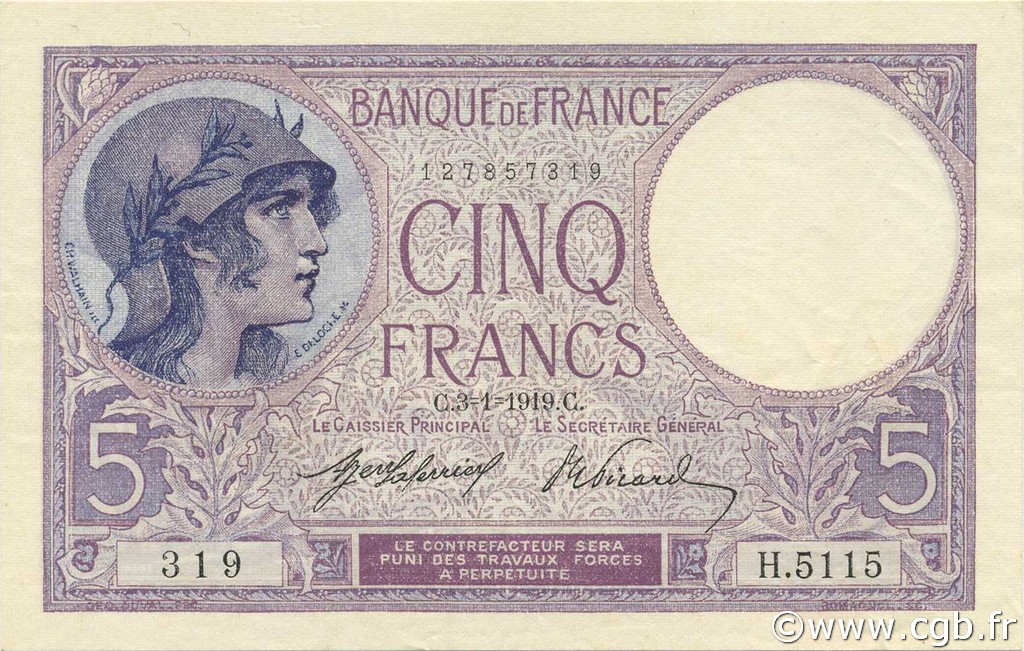 5 Francs FEMME CASQUÉE FRANKREICH  1919 F.03.03 VZ