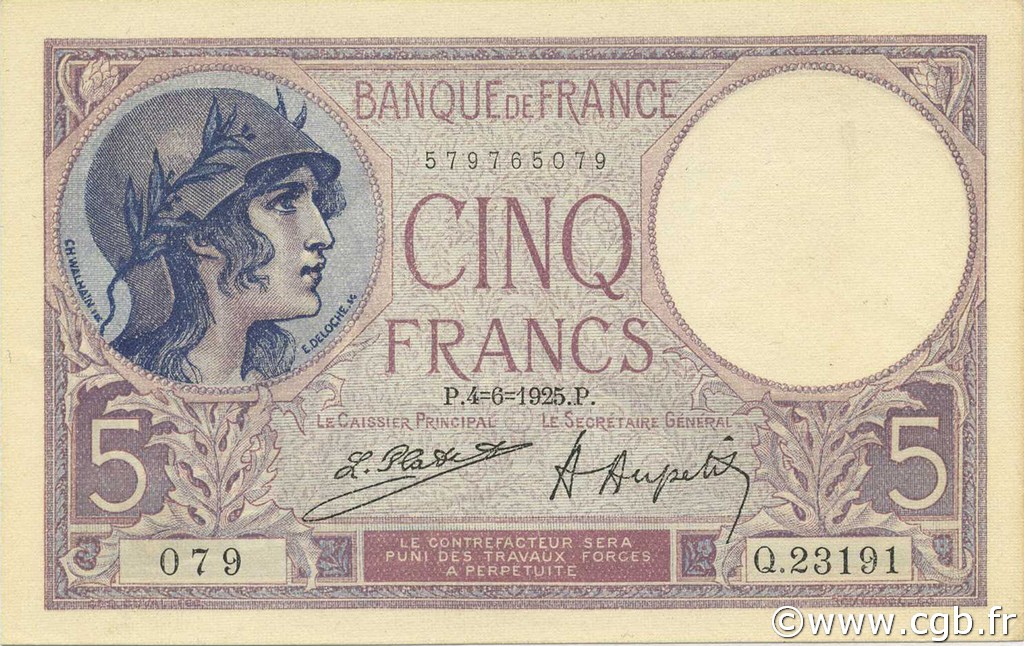 5 Francs FEMME CASQUÉE FRANCIA  1925 F.03.09 AU