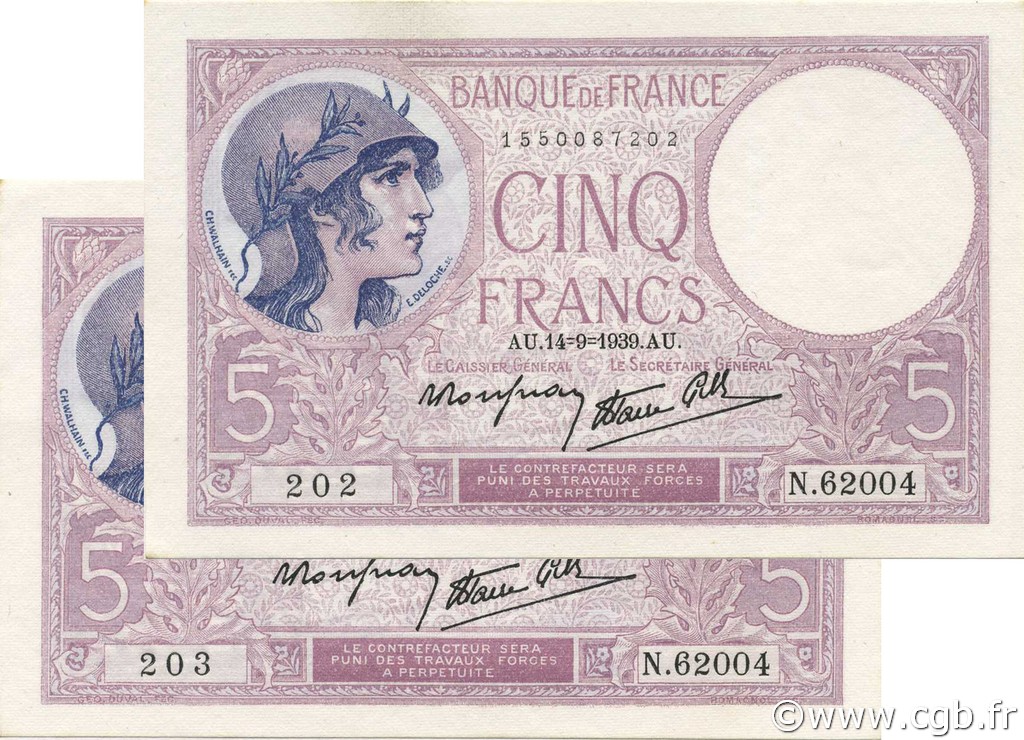 5 Francs FEMME CASQUÉE modifié FRANKREICH  1939 F.04.08 ST