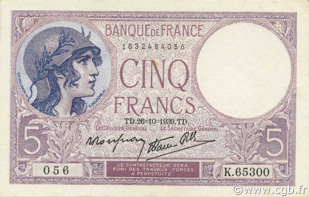 5 Francs FEMME CASQUÉE modifié FRANCE  1939 F.04.13 UNC-