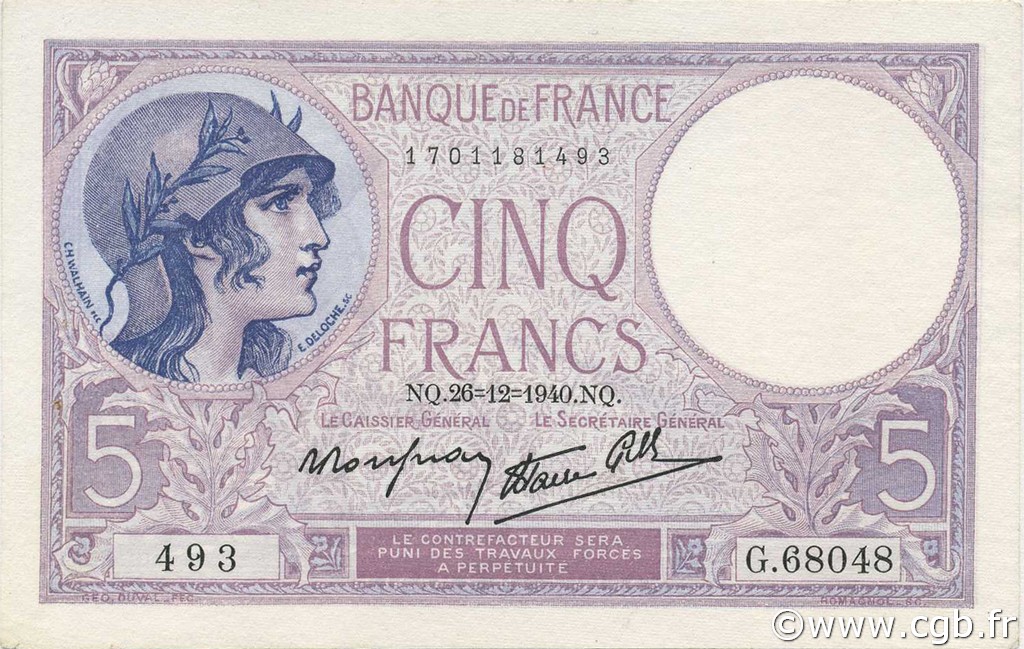 5 Francs FEMME CASQUÉE modifié FRANCIA  1940 F.04.18 SC