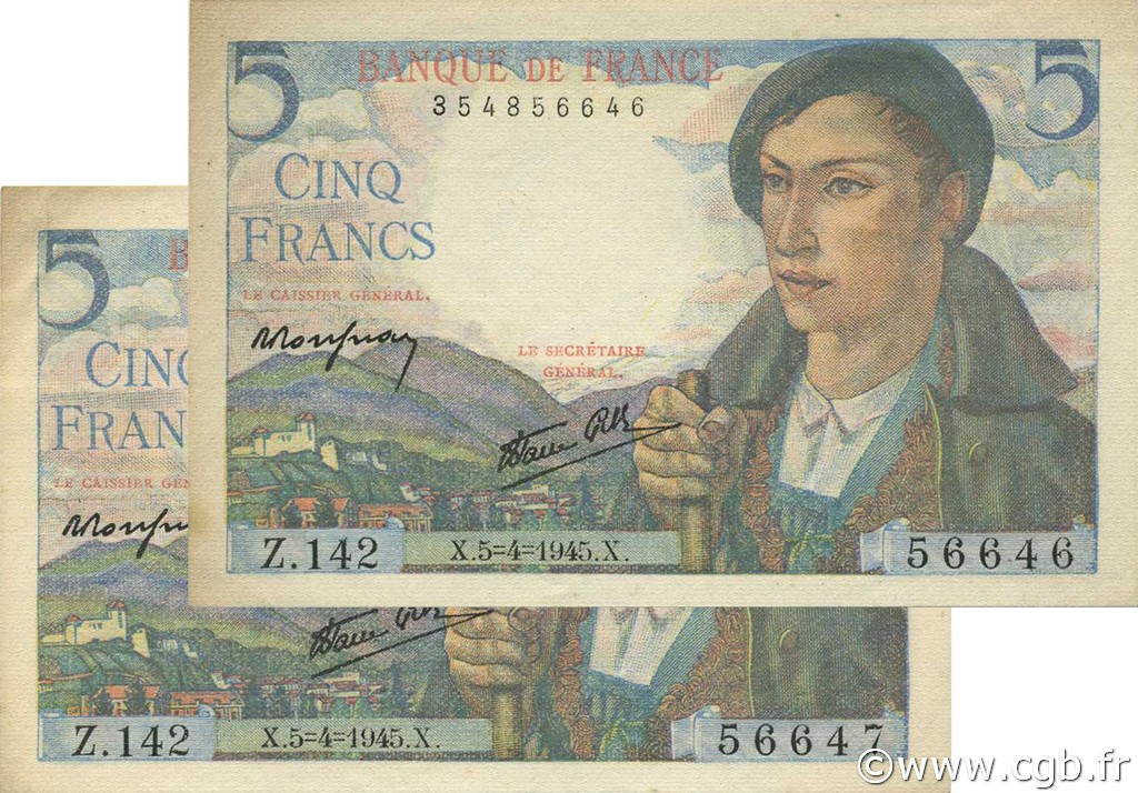5 Francs BERGER FRANCE  1945 F.05.06 AU+