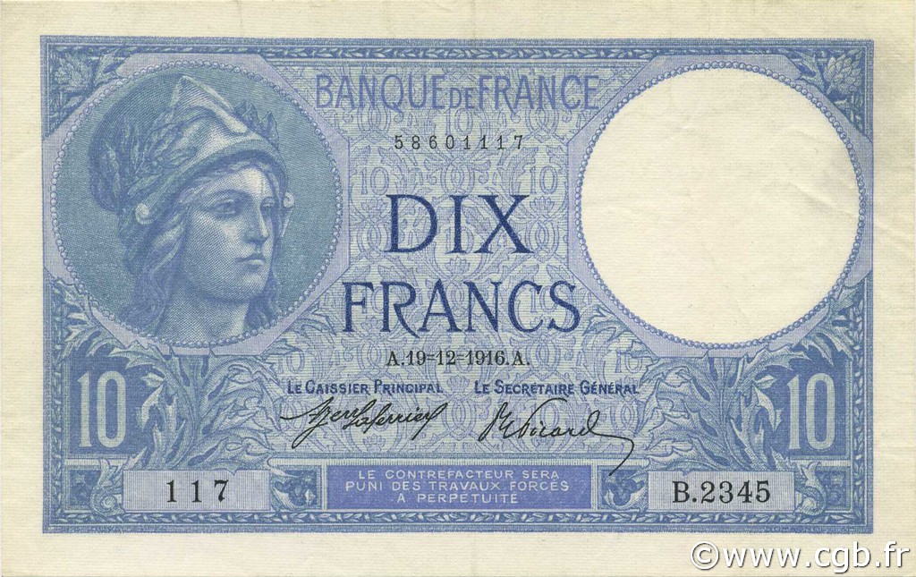 10 Francs MINERVE FRANCIA  1916 F.06.01 q.AU