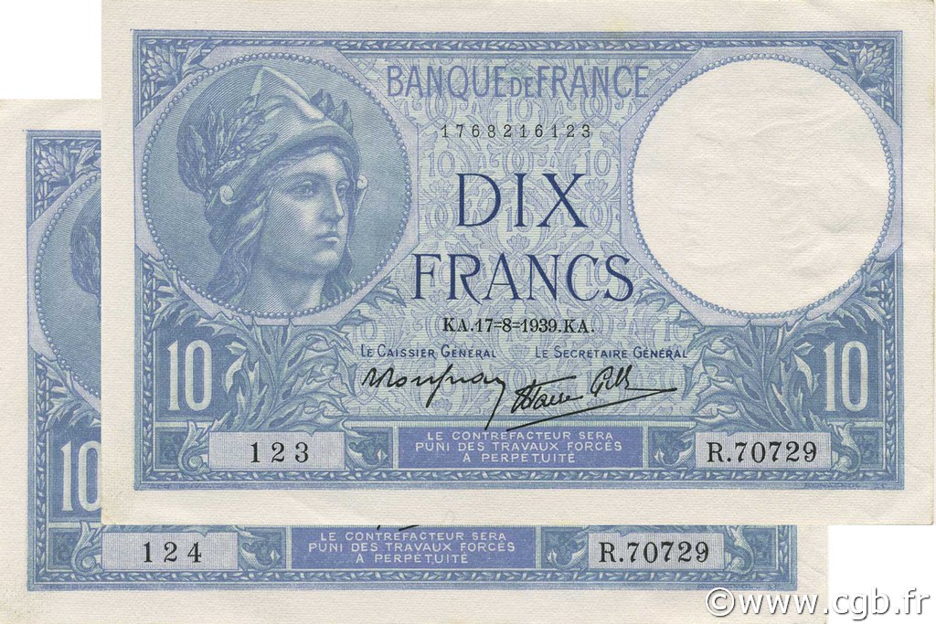 10 Francs MINERVE modifié FRANCIA  1939 F.07.05 q.FDC