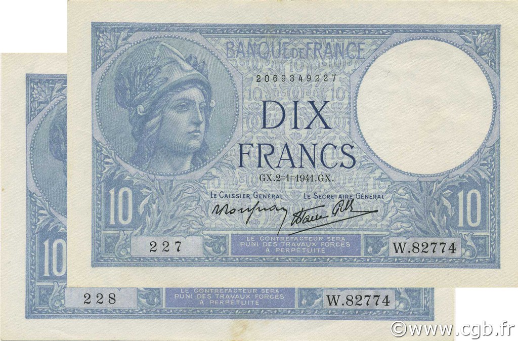 10 Francs MINERVE modifié Consécutifs FRANCIA  1941 F.07.26 q.FDC