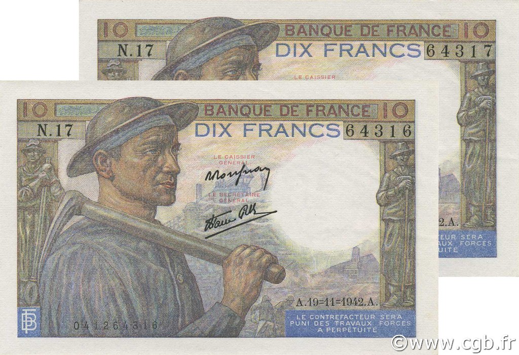 10 Francs MINEUR FRANCE  1942 F.08.05 XF - AU