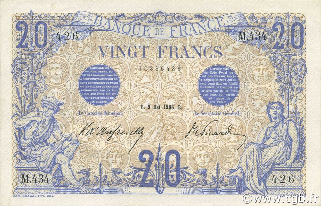 20 Francs BLEU FRANKREICH  1906 F.10.01 fVZ to VZ