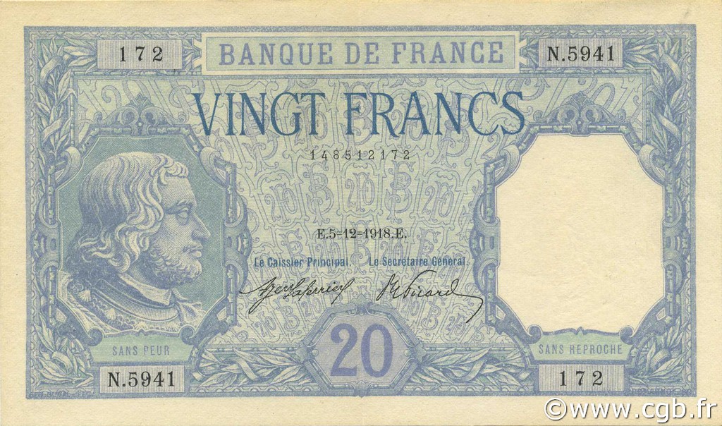 20 Francs BAYARD FRANKREICH  1918 F.11.03 VZ+