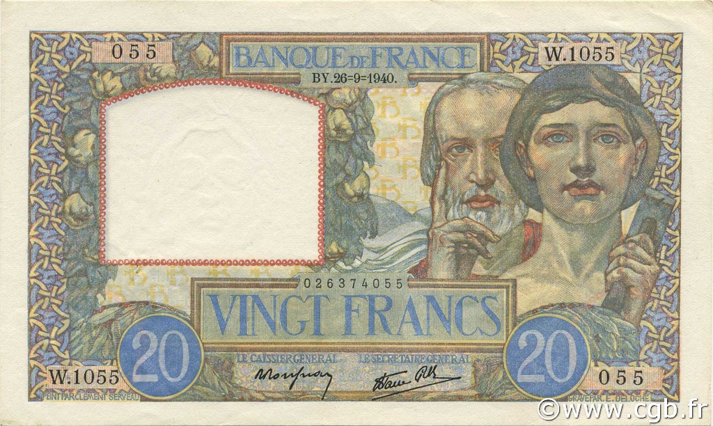 20 Francs TRAVAIL ET SCIENCE FRANCE  1940 F.12.07 pr.SUP