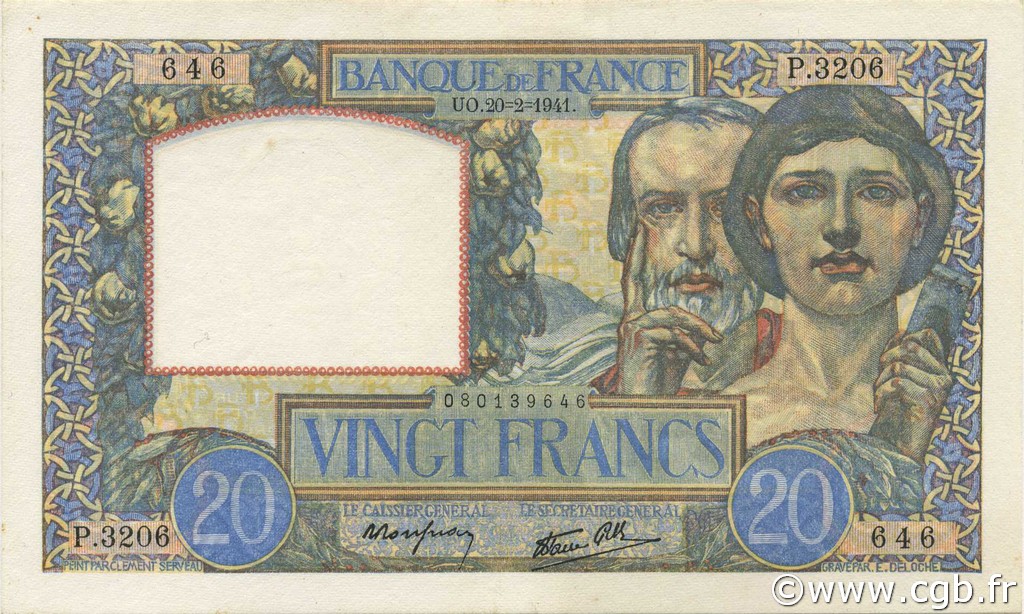 20 Francs TRAVAIL ET SCIENCE FRANCE  1941 F.12.12 SPL