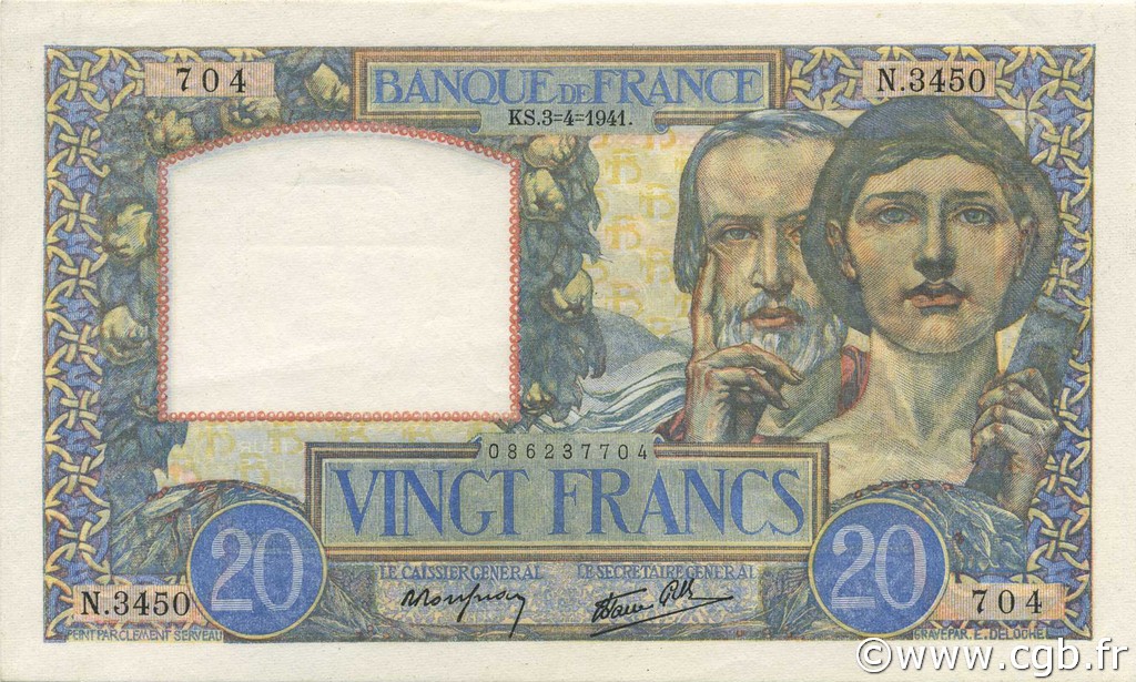 20 Francs TRAVAIL ET SCIENCE FRANCE  1941 F.12.13 XF - AU