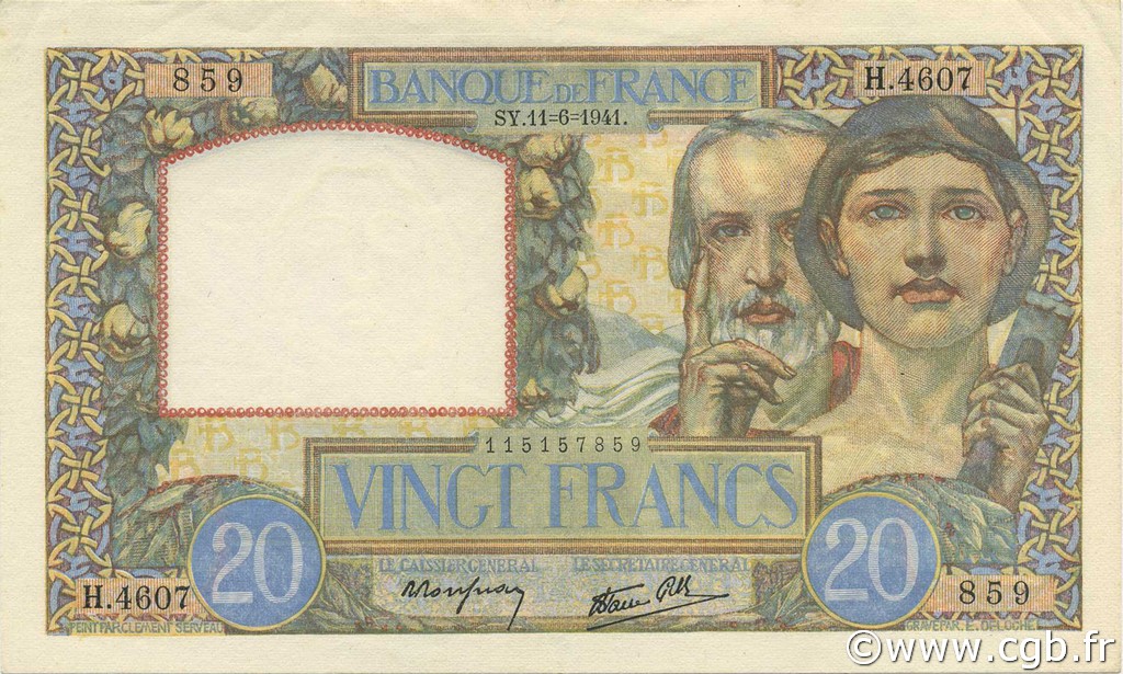20 Francs TRAVAIL ET SCIENCE FRANCIA  1941 F.12.15 SPL+