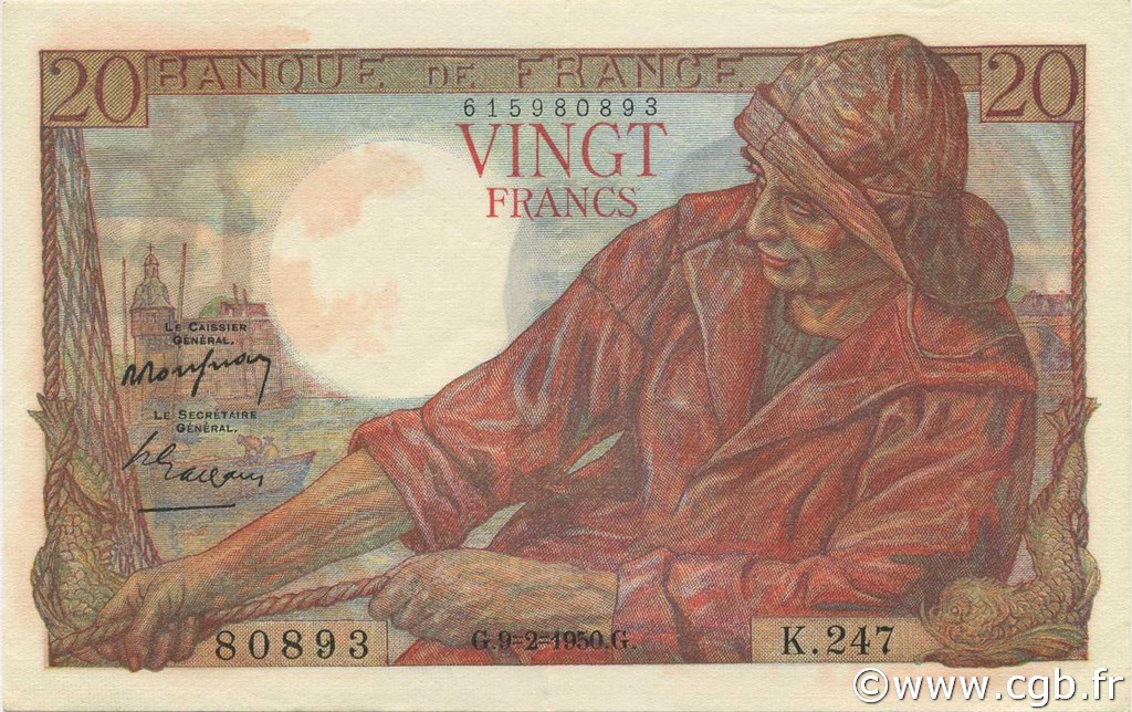 20 Francs PÊCHEUR FRANCE  1950 F.13.17a XF+