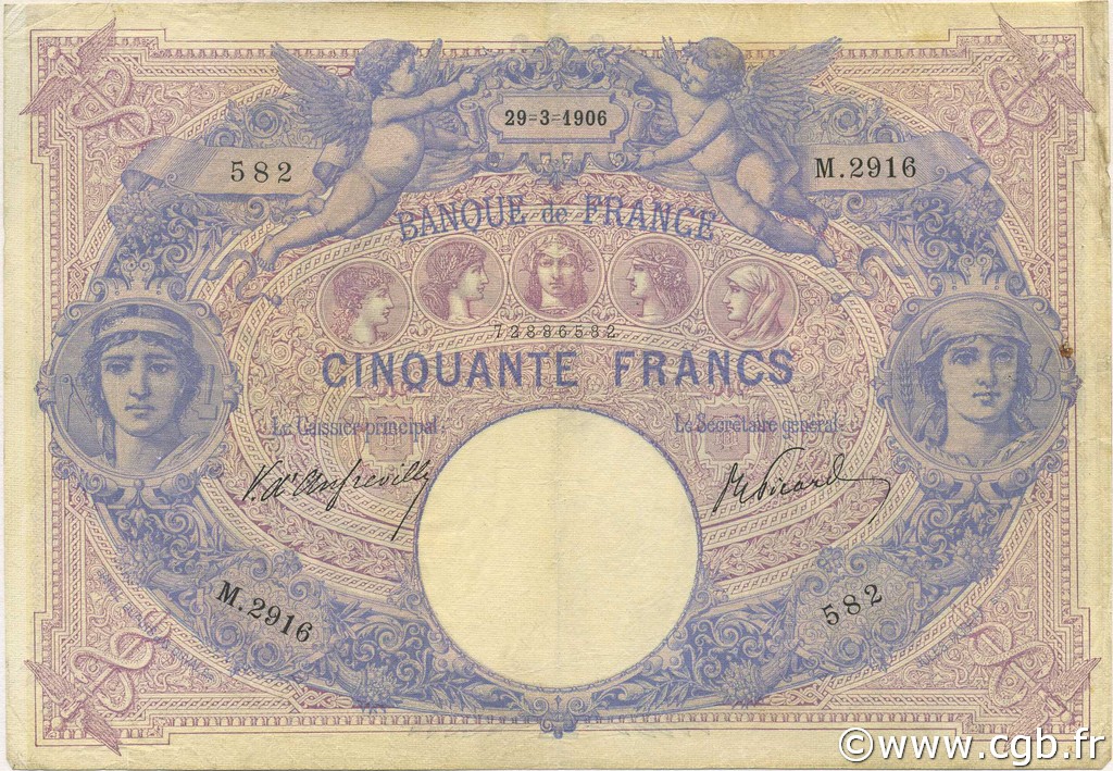 50 Francs BLEU ET ROSE FRANCE  1906 F.14.18 VF-