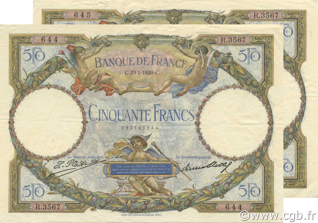 50 Francs LUC OLIVIER MERSON Consécutifs FRANCE  1929 F.15.03 XF-