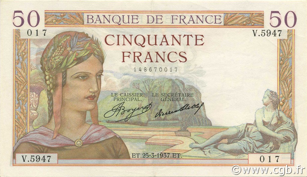 50 Francs CÉRÈS FRANKREICH  1937 F.17.36 VZ to fST