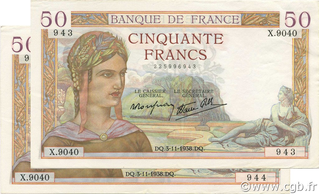 50 Francs CÉRÈS modifié Consécutifs FRANCIA  1938 F.18.18 EBC+