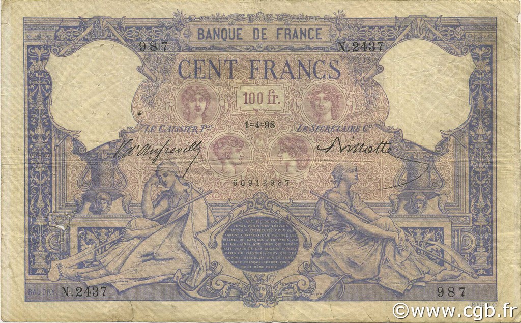100 Francs BLEU ET ROSE FRANKREICH  1898 F.21.11 fS