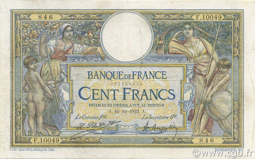 100 Francs LUC OLIVIER MERSON grands cartouches FRANCIA  1923 F.24.01 q.BB