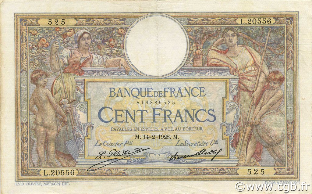 100 Francs LUC OLIVIER MERSON grands cartouches FRANCIA  1928 F.24.07 SPL