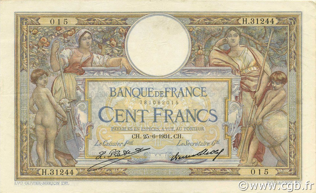 100 Francs LUC OLIVIER MERSON grands cartouches FRANKREICH  1931 F.24.10 VZ+ to fST
