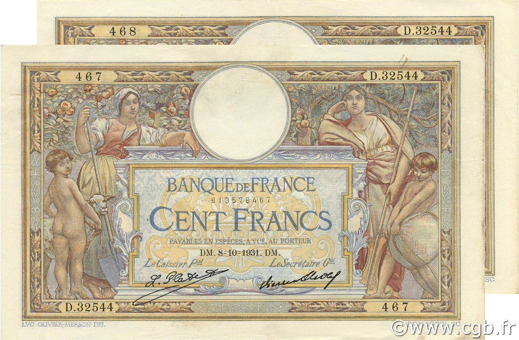 100 Francs LUC OLIVIER MERSON grands cartouches FRANKREICH  1931 F.24.10 VZ+