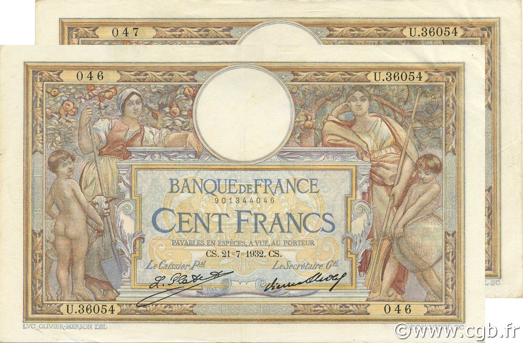100 Francs LUC OLIVIER MERSON grands cartouches Consécutifs FRANCIA  1932 F.24.11 EBC