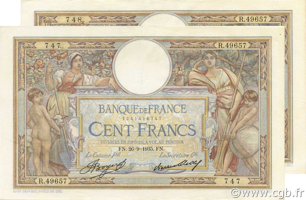 100 Francs LUC OLIVIER MERSON grands cartouches FRANKREICH  1935 F.24.14 VZ+