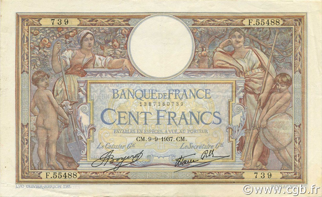 100 Francs LUC OLIVIER MERSON type modifié FRANCE  1937 F.25.01 VF+