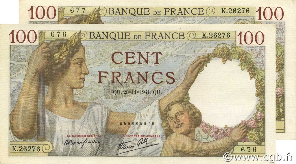 100 Francs SULLY FRANCIA  1941 F.26.61 q.FDC