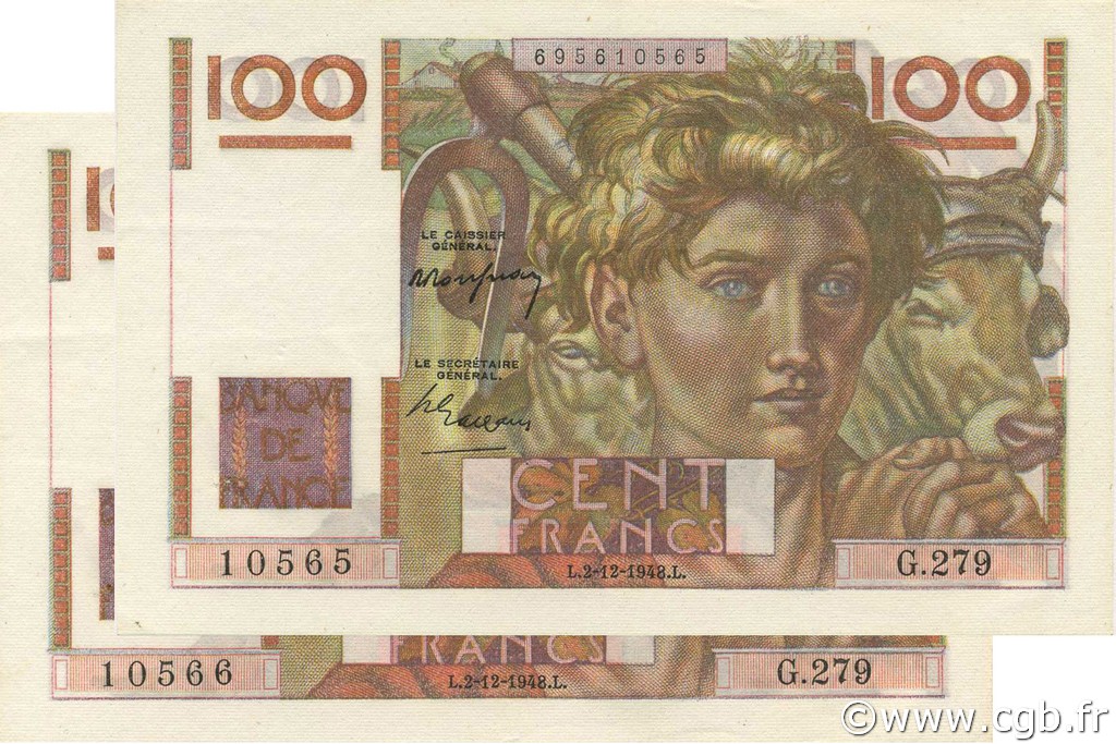 100 Francs JEUNE PAYSAN FRANKREICH  1948 F.28.20 VZ+