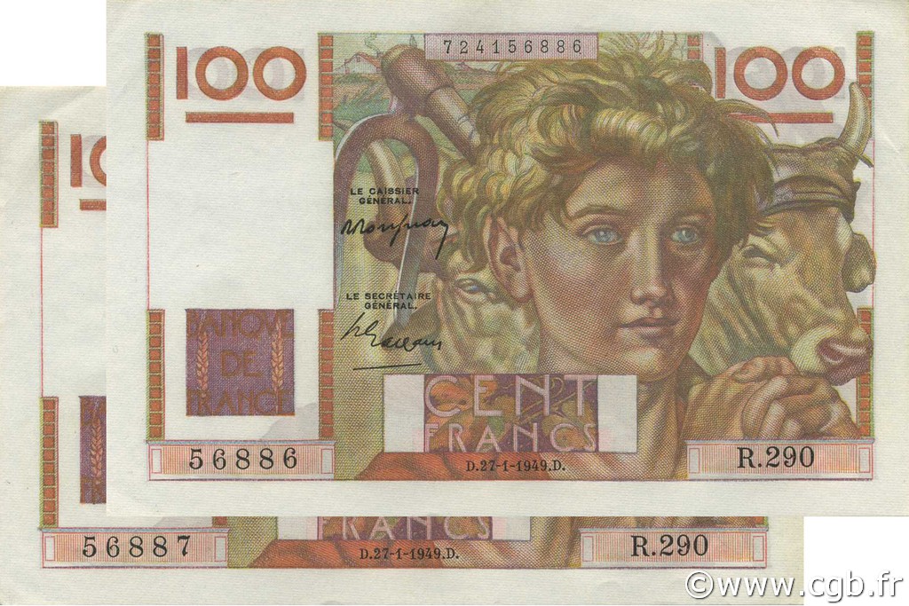 100 Francs JEUNE PAYSAN Consécutifs FRANCE  1949 F.28.21 AU+