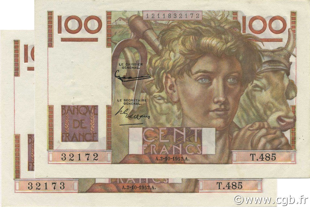 100 Francs JEUNE PAYSAN FRANKREICH  1952 F.28.34 VZ+