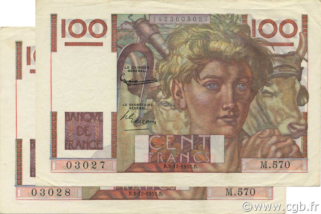 100 Francs JEUNE PAYSAN Consécutifs FRANCE  1953 F.28.40 SUP+
