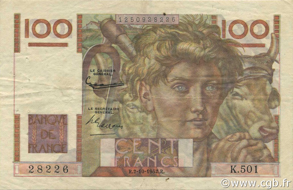 100 Francs JEUNE PAYSAN filigrane inversé FRANCIA  1952 F.28bis.01 BB