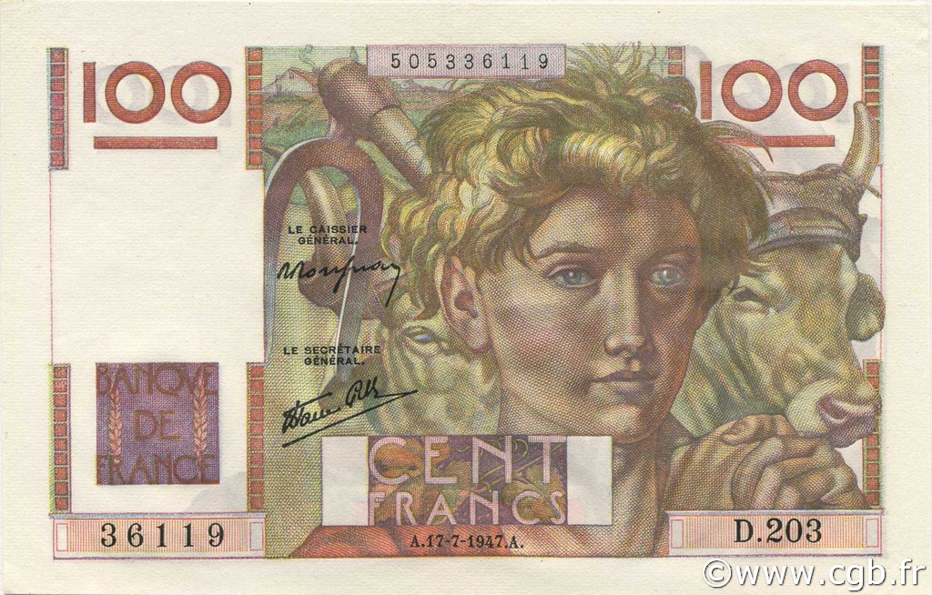 100 Francs JEUNE PAYSAN Favre-Gilly FRANCE  1947 F.28ter.01 AU+