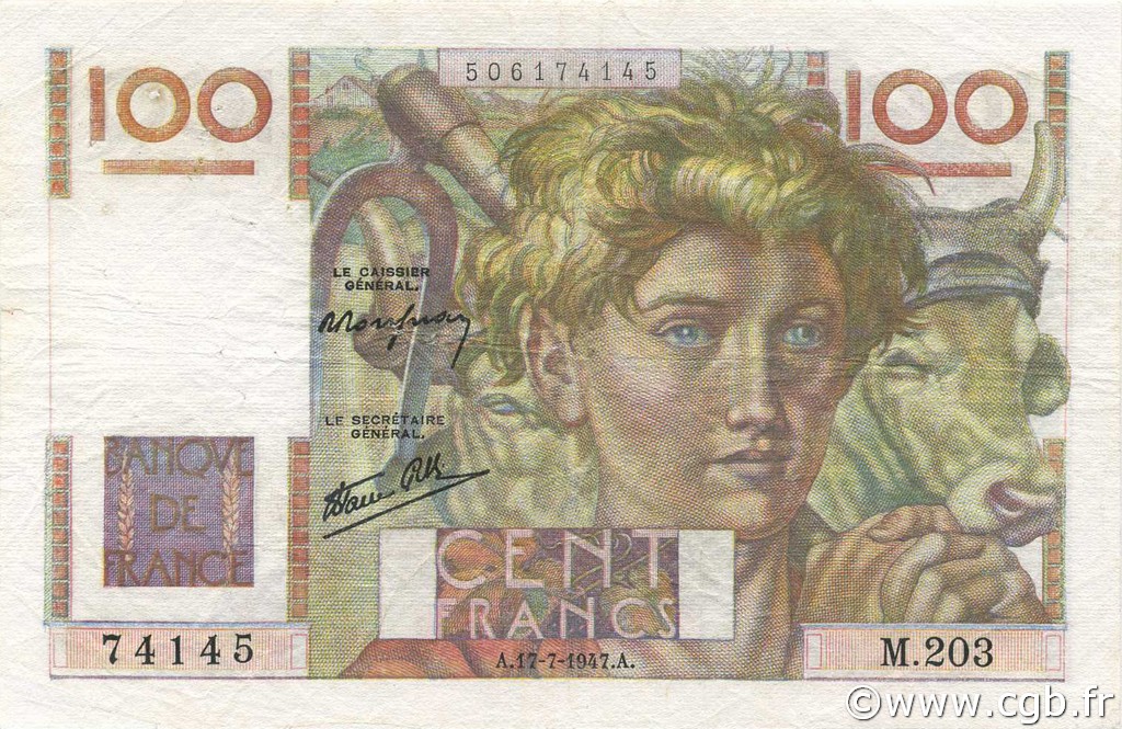 100 Francs JEUNE PAYSAN Favre-Gilly FRANCIA  1947 F.28ter.01 q.BB
