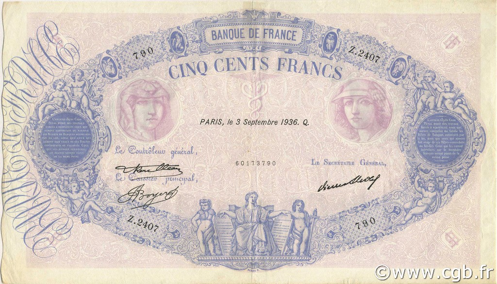 500 Francs BLEU ET ROSE FRANCE  1936 F.30.36 VF+