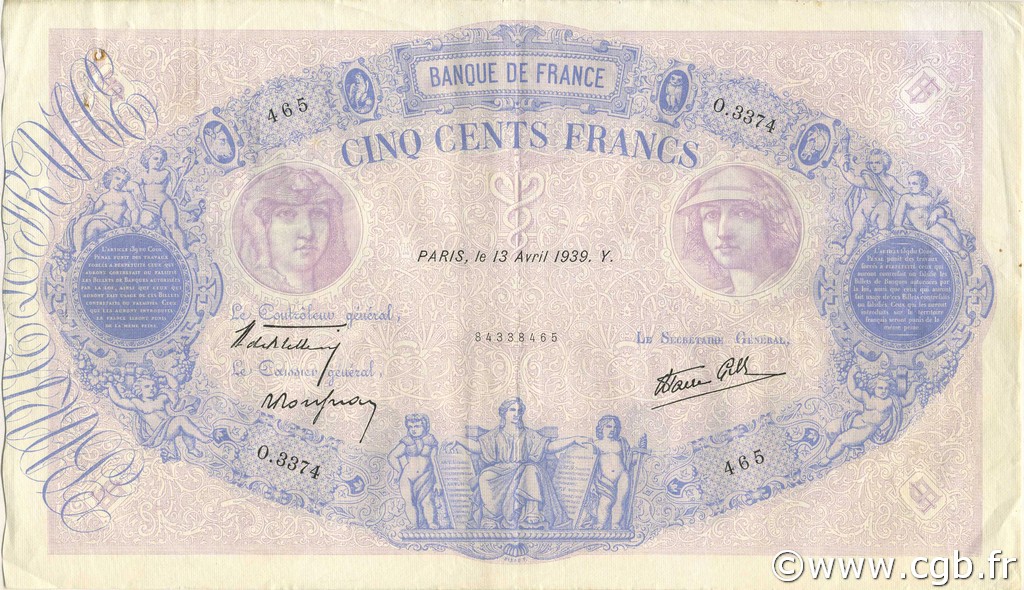 500 Francs BLEU ET ROSE modifié FRANCIA  1939 F.31.31 MBC+