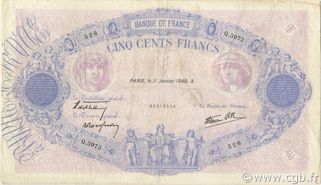 500 Francs BLEU ET ROSE modifié FRANCIA  1940 F.31.56 q.BB