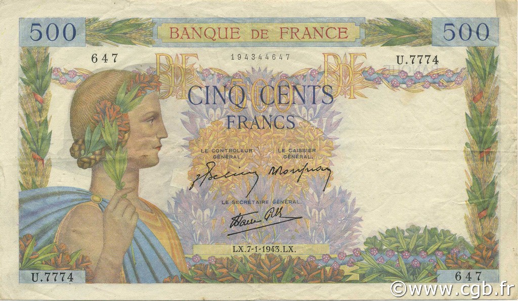 500 Francs LA PAIX FRANKREICH  1943 F.32.44 SS