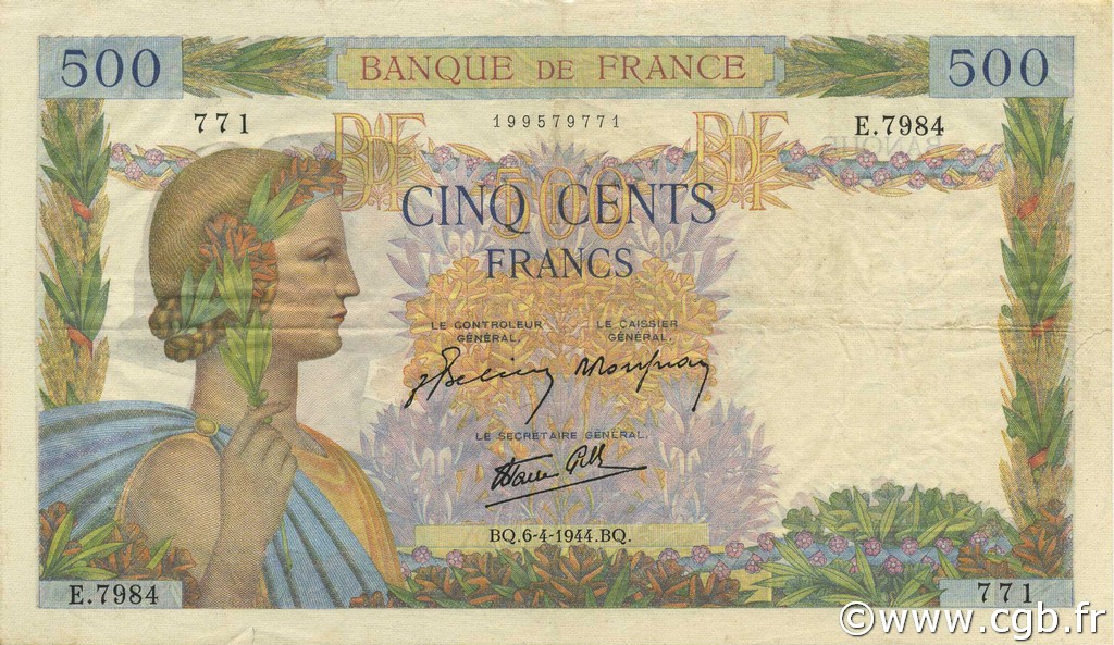 500 Francs LA PAIX FRANCE  1944 F.32.46 TTB+