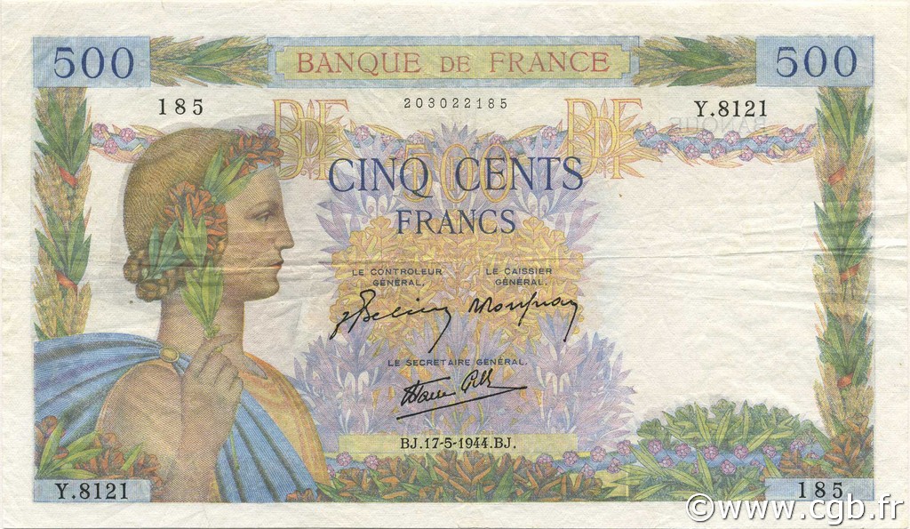 500 Francs LA PAIX FRANKREICH  1944 F.32.47 SS