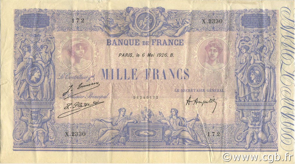 1000 Francs BLEU ET ROSE FRANCIA  1926 F.36.42 q.SPL