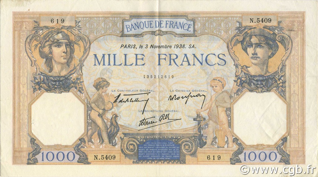 1000 Francs CÉRÈS ET MERCURE type modifié FRANKREICH  1938 F.38.32 fVZ