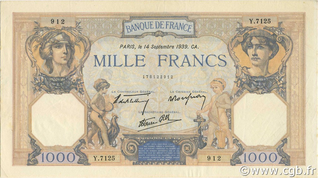 1000 Francs CÉRÈS ET MERCURE type modifié FRANCE  1939 F.38.36 XF