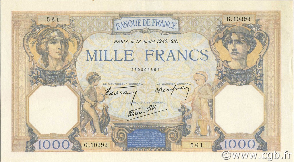 1000 Francs CÉRÈS ET MERCURE type modifié FRANKREICH  1940 F.38.50 VZ